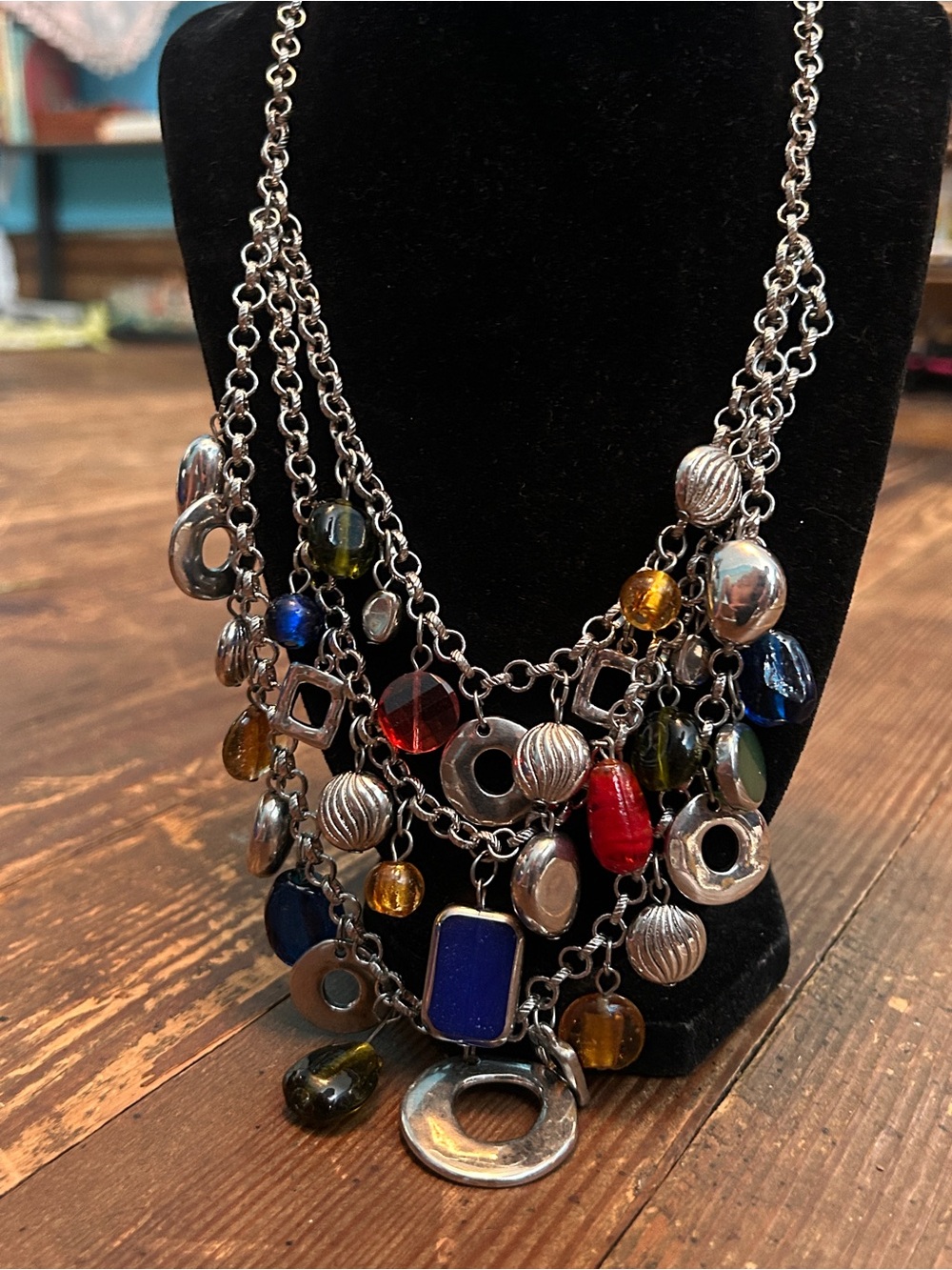 Vtg Multicolor Silver-Tone Beaded Bold Statement Necklace - Layered Chain Charms